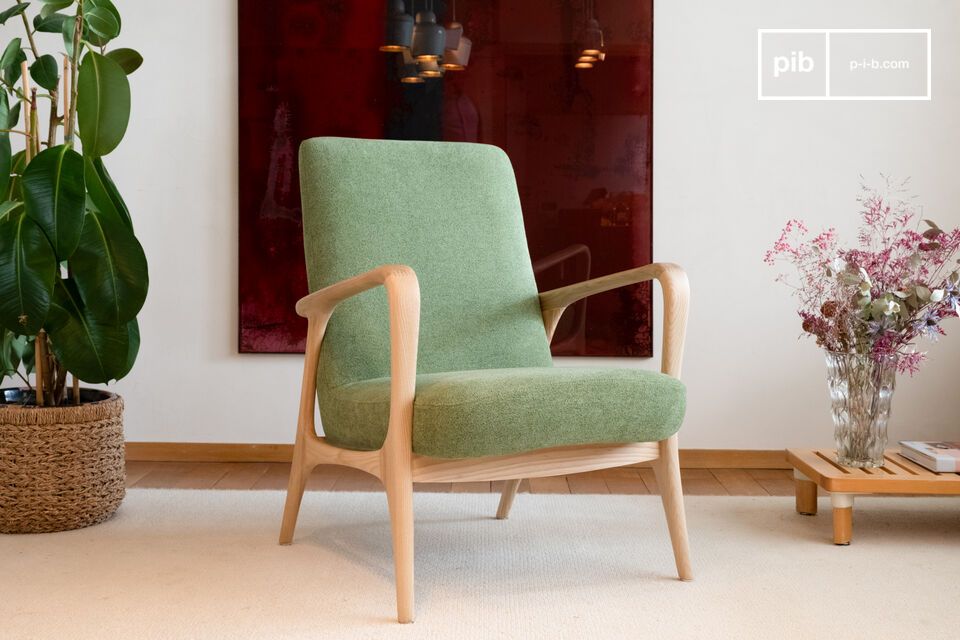 Solid ash armchair with green fabric Eon